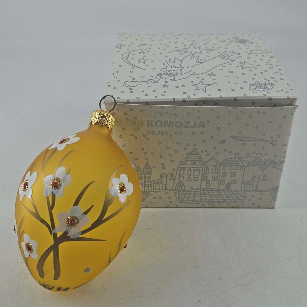 Vintage KOMOZJA Poland blown glass yellow gold ornate egg Christmas Ornament
